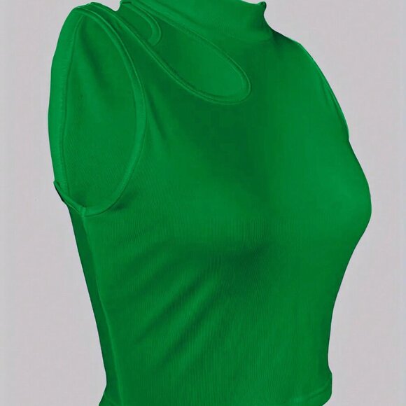 Green Casual Women's Stand Collar Hollow Out Slim Fit Crop Top - Picture 3 of 5